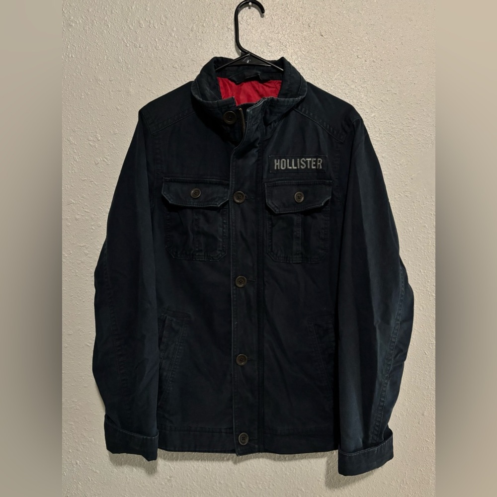 VTG Y2K Hollister Men Canvas Grunge Navy Blue Utility Zip Jacket LOGO Workwear M